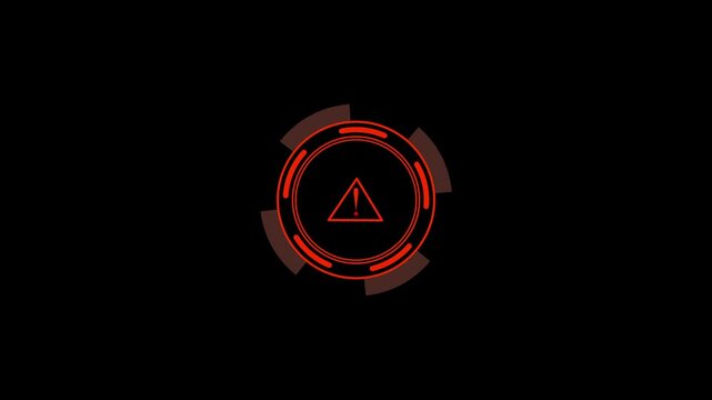 Red warning triangle pulses inside a futuristic circular HUD gauge. Cyber hazard alert telemetry flashes on the warning triangle. System security danger triggers this red warning triangle.