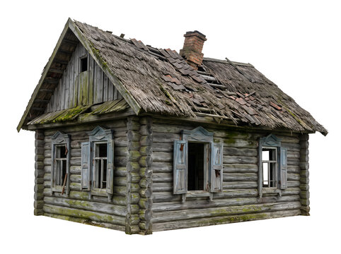 Old Abandoned Wooden Russian Log Cabin Isolated on Transparent