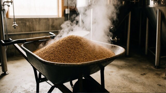 Steaming malted grain in a wheelbarrow