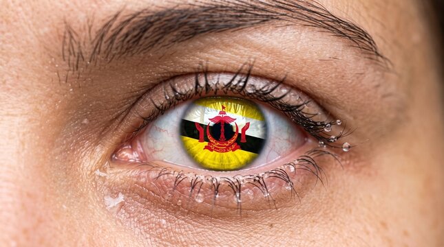 Close-up of a human eye with the national flag of Brunei Darussalam reflected in the iris, showing a tearful expression.