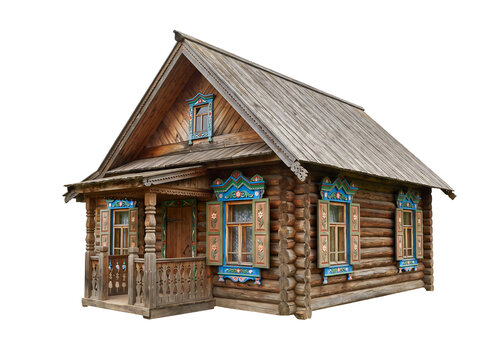 Isolated Traditional Russian Wooden Izba Log House with Colorful Carved Windows