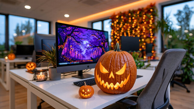 Bright contemporary workplace decorated for Halloween, minimalist white desks with large computer monitors and gray chairs, small carved jack o lanterns illuminated by candles, orange and purple acc