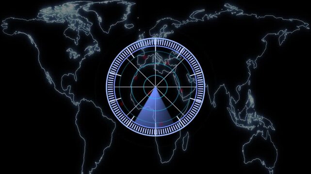 Radar screen overlay on world map sweeps dynamic tracking coordinates. Global surveillance lines move across this radar screen overlay. Cyber detection beams monitor the radar screen overlay.