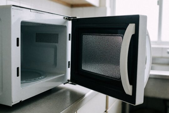 Open white microwave oven on a kitchen counter