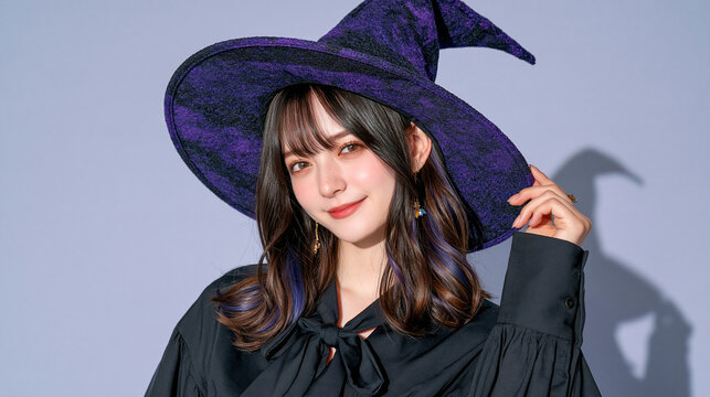 Cropped view of an Asian woman wearing a stylish purple witch hat and matching blouse with an elegant bow tie, face angled away from the camera, bright clean lavender background, modern Halloween of