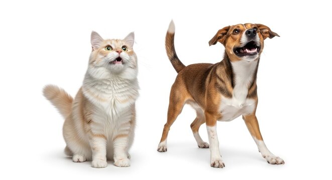 A ginger cat and a beagle dog stand side-by-side against a plain white background.