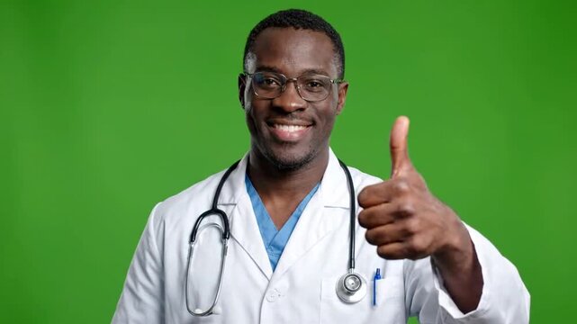 Three frames of smiling doctor giving thumbs up on green background