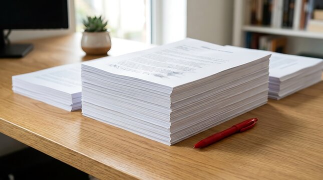 Large stack of white paper documents on a wooden office desk with a red pen, symbolizing heavy workload.