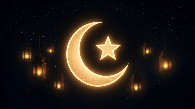 Crescent moon and star glow warmly alongside hanging lanterns in a dark starry night, symbolizing the beauty of Islamic traditions and festive gatherings during the holy month of Ramadan.