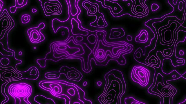 Abstract glowing purple contour lines moving on black background
