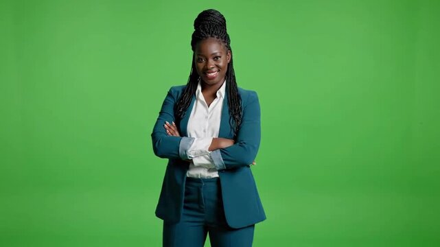 Three-frame sequence of woman in teal suit against green screen