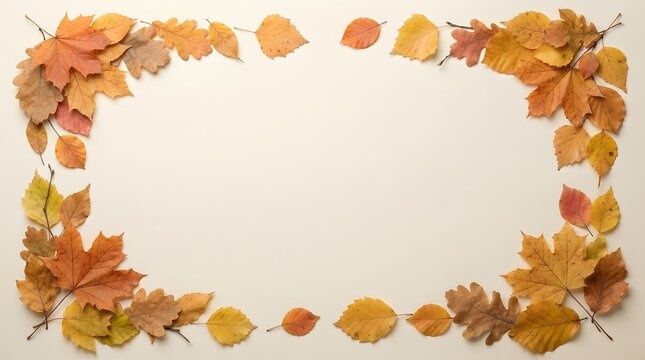 Autumn leaves forming a decorative frame on a white background