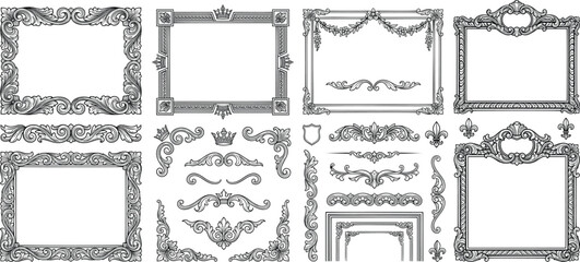 Baroque vintage frames collection ornate borders crown flourish accents fleur de lis black line art vector. © Mst Fateha Begum