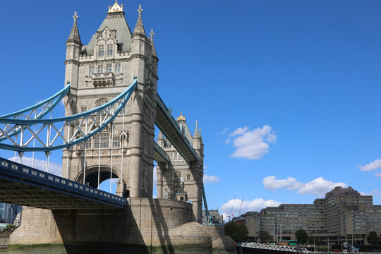 Historic Tower Bridge over River Thames against clear blue sky in London United Kingdom