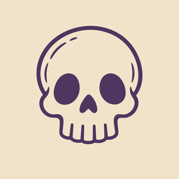 Cute purple skull illustration, funny halloween head character, vector icon isolated on beige background