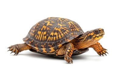 Obraz premium A reddish-brown turtle is walking on a white background. The turtle has a patterned shell with orange and black markings.