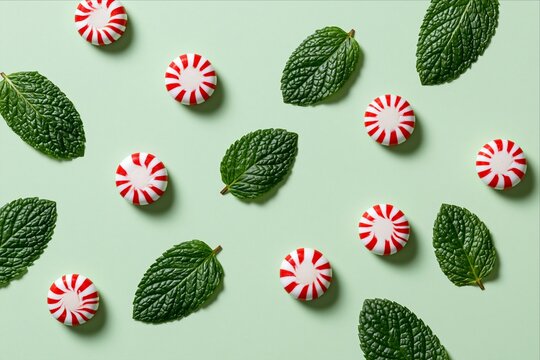 Peppermint candies and fresh mint leaves on green background for Christmas holiday design
