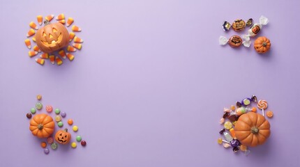 Fototapeta premium Halloween composition with pumpkins, candy corn and assorted candies on a light purple background