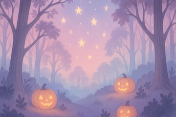 Fototapeta premium Whimsical forest with glowing pumpkins background