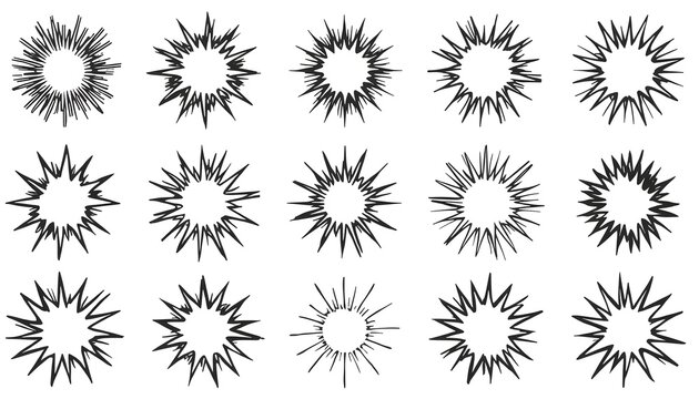 Hand-drawn comic speed bursts and radial explosion motion accents set
