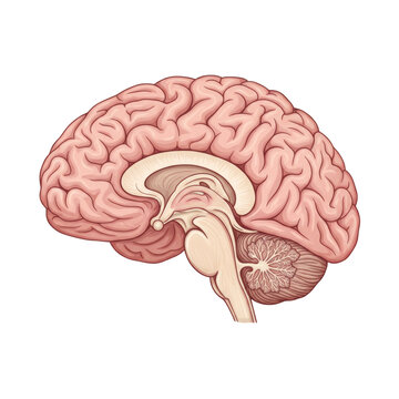 Sagittal cross-section of a gorilla brain, showing cerebrum, brainstem, and cerebellum with Arbor Vitae, in pink/beige anatomical tones, isolated on white with copy space, neuroscience research