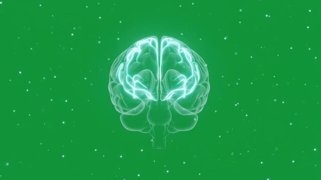Holographic Front View Brain Network Glowing Particles on Green Screen Chroma Key