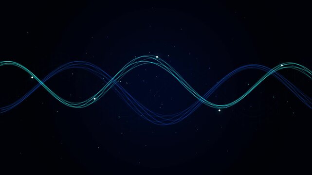 Abstract Cyan and Blue Sine Wave Data Lines with Glowing Nodes and Grid - Motion Graphic
