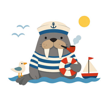 Cute cartoon sailor walrus in striped shirt and captain hat smoking pipe and holding lifebuoy on wave with seagull, sailboat and sun on transparent background. Funny marine animal clipart for kids ill