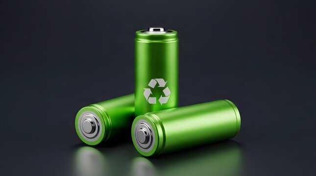 Three green rechargeable batteries with recycling symbol on a dark background