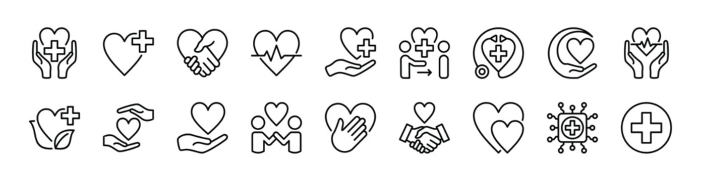 Healthcare thin line icon set. Contains love, charity, donation, helping hand, care, support, medical heart, kindness, volunteer, health service, wellness, doctor, heartbeat, technology - illustration