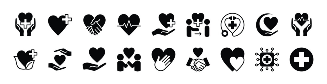 Healthcare icon set. Contains helping hand, care, love, support, charity, donation, medical heart, kindness, volunteer, health service, wellness, doctor, heartbeat, technology. Vector illustration
