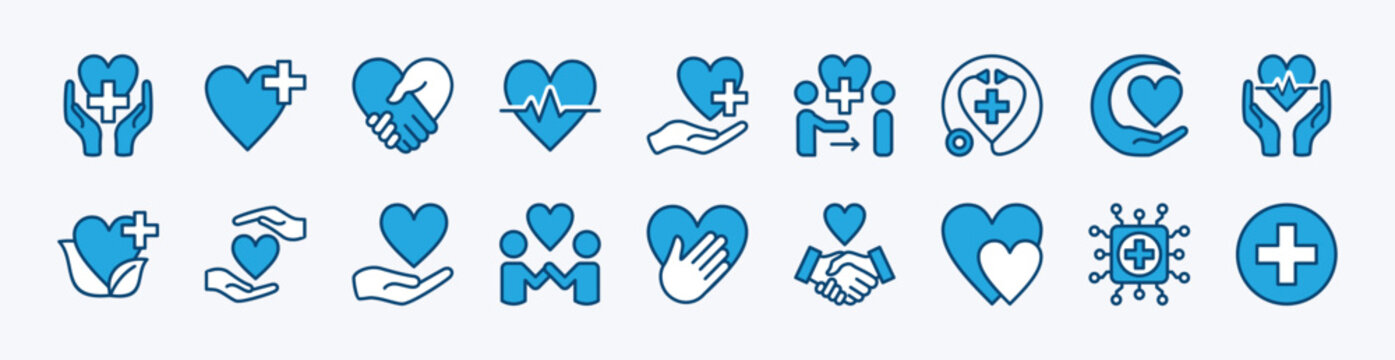 Set of healthcare icon. Contains care, helping hand, support, love, charity, donation, medical heart, health service, heartbeat, kindness, volunteer, wellness, doctor, technology. Vector illustration