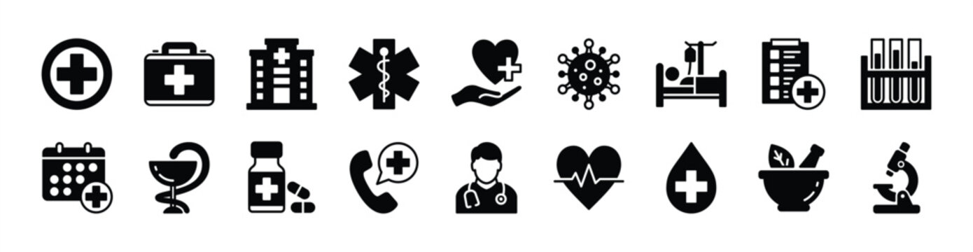 Medical icon vector set. Contains hospital, doctor, patient, medicine, pharmacy, first aid kit, emergency call support, health report, germ, lab test, heartbeat, blood, herbs, microscope. Illustration