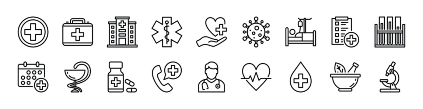 Medical icon set. Contains hospital, doctor, patient, first aid kit, pharmacy, emergency call support, health report, germ, lab test, heartbeat, medicine, blood, herbs, microscope. Vector illustration
