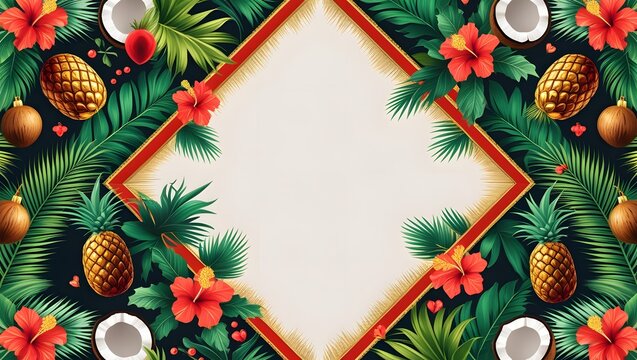 Tropical Fruit and Hibiscus Border Frame Pattern in Vibrant Colors