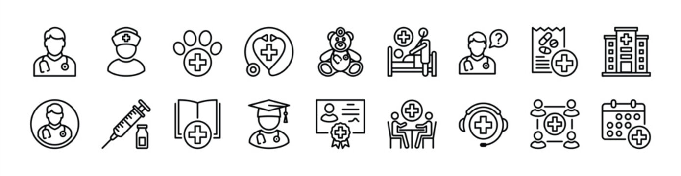 Doctor icon set. Contains nurse support, veterinarian, stethoscope, pediatrician, examining patient, medicine prescription, hospital, syringe, medical education book, help care. Vector illustration