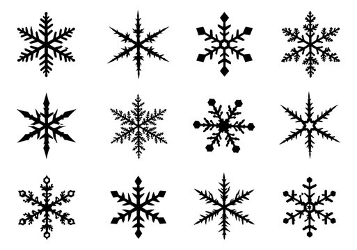 Snowflake silhouette collection with twelve different geometric winter crystals featuring symmetrical branches, intricate patterns and decorative shapes for seasonal holiday