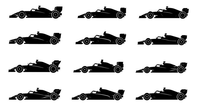 Formula racing car silhouette collection with twelve different open wheel vehicles featuring aerodynamic bodies, exposed tires and rear wings in side view