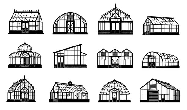 Greenhouse silhouette collection with twelve different glass structures featuring pitched, curved and decorative roofs for gardening, agriculture and botanical