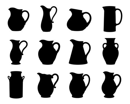 Pitcher silhouette collection with twelve different jugs and vessels featuring handles, spouts and varied traditional shapes for kitchen, pottery and beverage