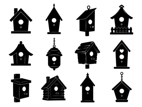 Birdhouse silhouette collection with twelve different nesting houses featuring pitched roofs, entrance holes, hanging chains and rustic wooden designs for garden projects