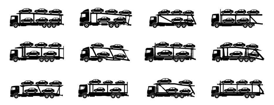 Car carrier truck silhouette collection with twelve different vehicle transporters featuring double deck trailers loaded with multiple passenger cars in side view