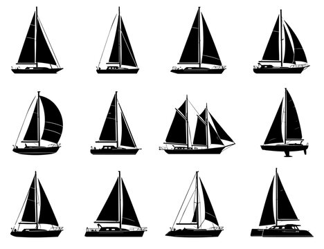 Sailboat silhouette collection with twelve different sailing vessels featuring masts, sails, cabins and varied yacht designs for nautical and maritime projects