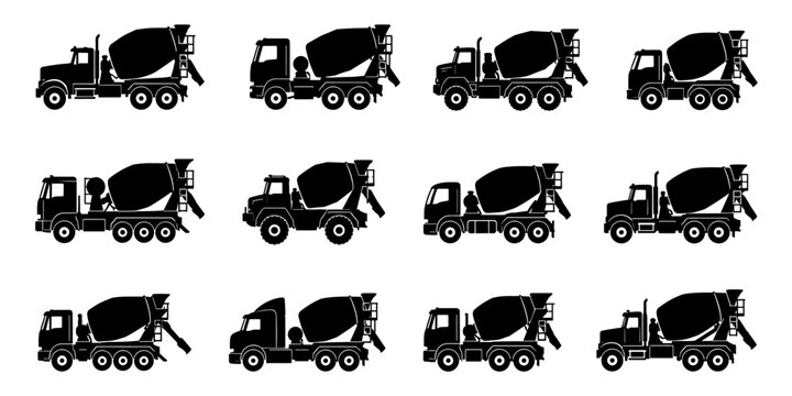 Concrete mixer truck silhouette collection with twelve different construction vehicles featuring rotating drums, chutes and varied heavy truck designs for building projects