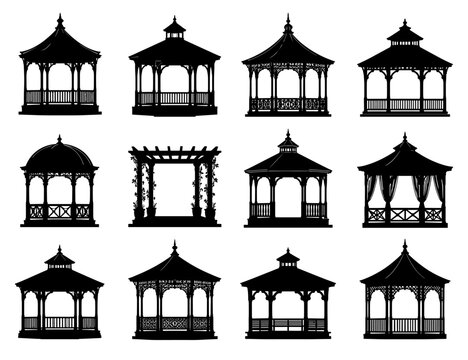 Gazebo silhouette collection with twelve different garden pavilions featuring decorative roofs, railings, columns and ornamental structures for outdoor architectural