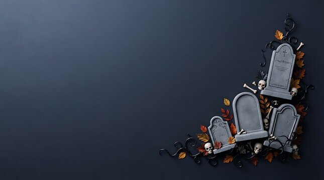 Halloween tombstone corner border with skulls and autumn leaves