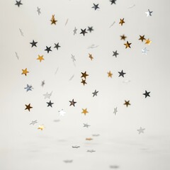 Fototapeta premium Scattered Gold Silver and Black Star Confetti on White Background