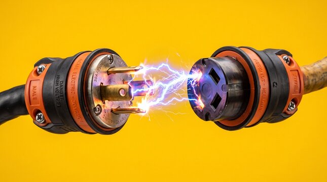 High-voltage electrical spark between industrial cable connectors during live power transmission test