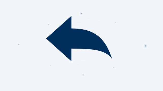 Minimalist motion graphic of a dark blue curved arrow pointing left on a clean light background for UI navigation and web interface