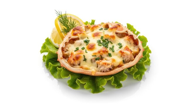 A large horseshoe crab is presented on a bed of ruffled lettuce leaves. The crab's shell is filled with a savory mixture of seafood, cheese, and herbs.